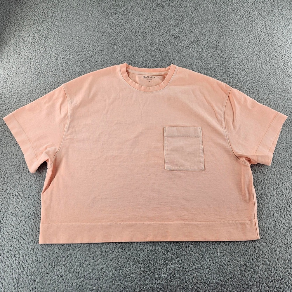 Athleta Classic Cotton Crop Tee Womens Medium Pink Peach Boxy Pocket TShirt